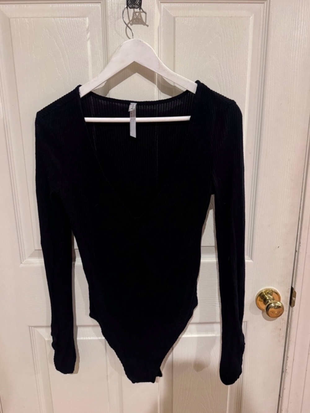 Free People Black Ribbed V-Neck Long Sleeve Bodysuit